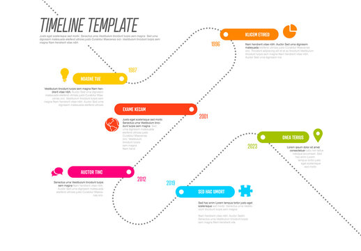 Dotted timeline template with thick line rainbow color steps with icons and short information