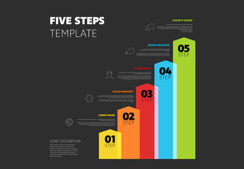 Color vertical five arrows steps infographic template with icons and descriptions on black background