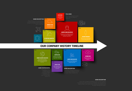 Multipurpose colorful mosaic infographic timeline template made from squares and big arrow on black
