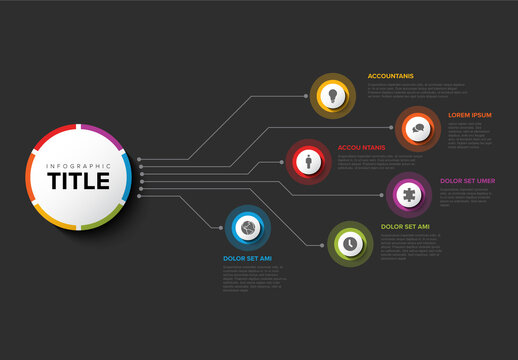 Colorful Circular Infographic Design Template with six element and title on big circle and dark background