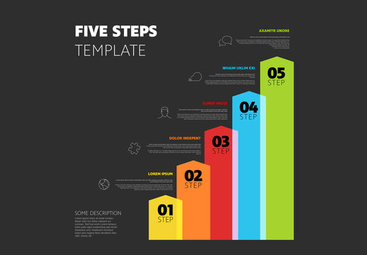 Color vertical five arrows steps infographic template with icons and descriptions on black background