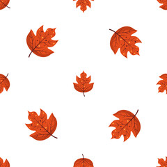 Obraz premium Seamless pattern with Autumn maple leaf. Red foliage is a symbol of fall. Flat vector repeating background isolated on white 