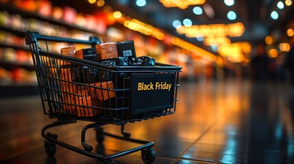 A shopping cart full of gifts with a "Black Friday" sign
