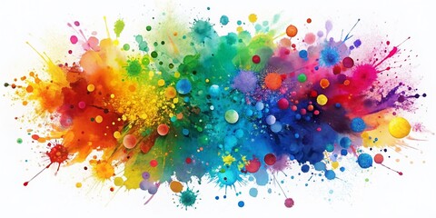 Obraz premium Vibrant colorful ink splashes and paint splatters on a clean white background featuring multi-colored dots, creating a beautiful abstract watercolor-inspired design.