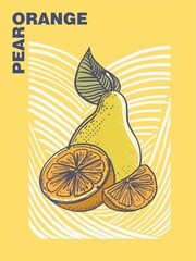 Poster (cover, card) of hand-drawn fruits in pop art style. Linear drawing with color fill and text is a modern type of printed art for discounts, price tags, advertising