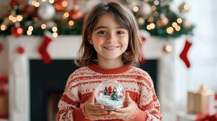 Smiling Child Holding Snow Globe in Festive Decorated Living Room