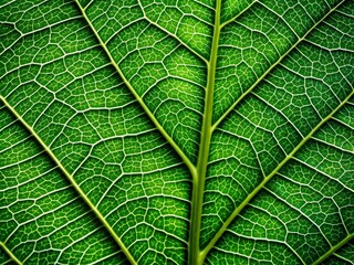 Obraz premium Vibrant green leaf macro photography reveals intricate texture, prominent veins, and microscopic cells, showcasing nature's intricate patterns and structures in stunning high-resolution detail.