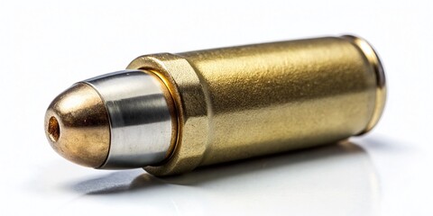 Fototapeta premium A close-up of a 9x19mm Parabellum cartridge, a type of handgun ammunition, isolated on a white background with
