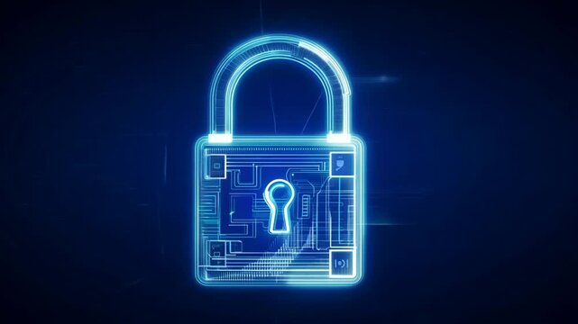 A holographic wireframe padlock spins with circuit patterns glowing in blue against a dark background

.