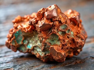 A close-up of a shiny copper nugget with a rustic, oxidized patina, showcasing the reddish-brown metallic element Cu