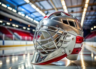 Fototapeta premium A close-up of a silver helmet with a bold, red and white emblem, adorned with angular lines, on