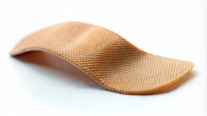 A close-up of a single adhesive nose strip lying on a clean white background, its curved shape and