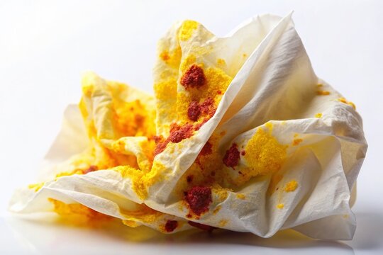 A close-up of a tissue with streaks of blood and yellowish phlegm, symbolizing respiratory issues, illness, and mucous