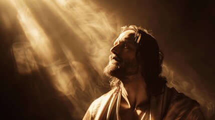 Jesus Christ in deep prayer, illuminated by a soft, heavenly light, symbolizing divine presence