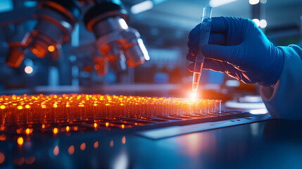 A scientist is holding a syringe and is about to inject a liquid into a test tube. Concept of precision and focus, as the scientist carefully handles the equipment