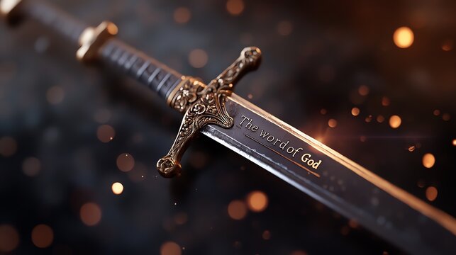 Close-up of a medieval sword with intricate details on the hilt and a glowing inscription, surrounded by glowing embers.