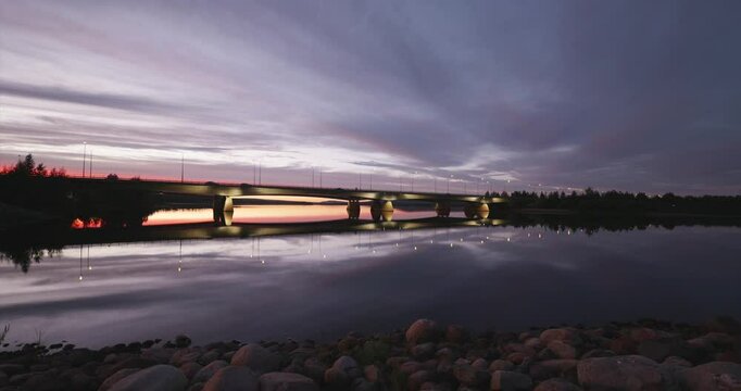 Autumnal sundowning over a bridge in Rovaniemi, Lapland, Finland