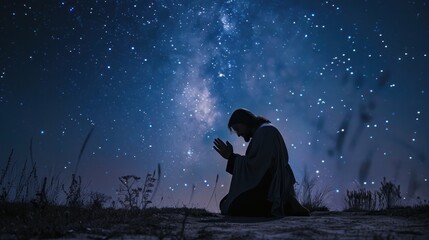 Jesus Christ kneeling in prayer under a starry night sky, conveying a sense of divine connection