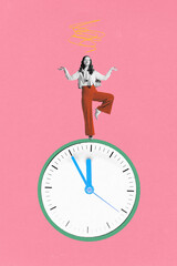 Woman balancing serenely on top of clock, striking meditative pose, signifying need for calm amidst...