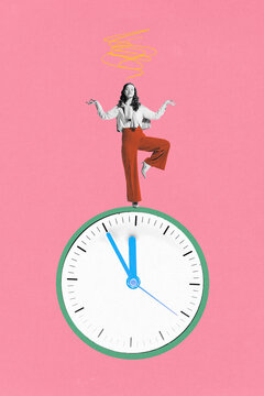 Woman balancing serenely on top of clock, striking meditative pose, signifying need for calm amidst pressures of time management. Contemporary art collage. Concept of business, time control, deadlines