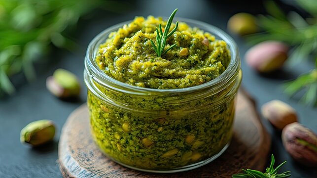 Pistachio paste in a jar. Selective focus