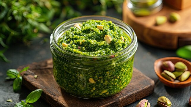 Pistachio paste in a jar. Selective focus
