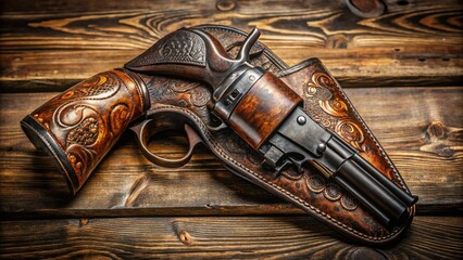 A close-up shot of a worn leather holster containing a vintage revolver with ornate engravings, set against a