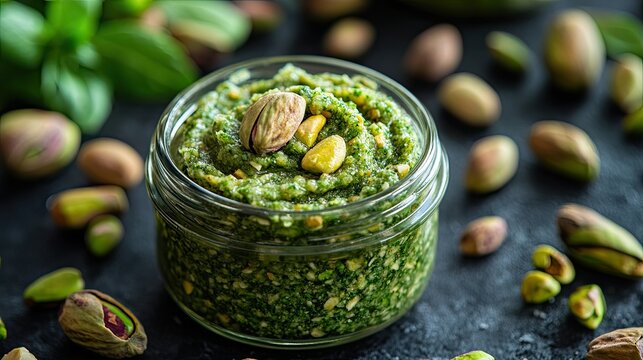 Pistachio paste in a jar. Selective focus
