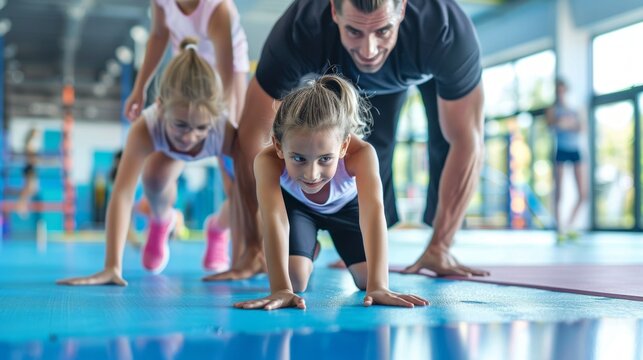 Group exercise session in a gym with 2 girls and a man doing push-ups in different styles. Blue yoga mat adds to the energetic atmosphere. - Powered by Adobe