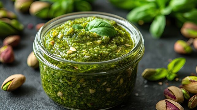 Pistachio paste in a jar. Selective focus