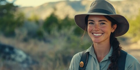 Smiling woman in a hat and green shirt.