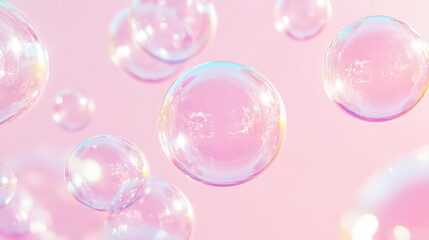 Fototapeta premium Aesthetic transparent soap bubbles floating on a pastel pink background. Detergents and cleaning products. Generative AI