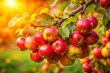 A cluster of juicy, ripe crab apples hang from a wooden tree branch, surrounded by lush green leaves,