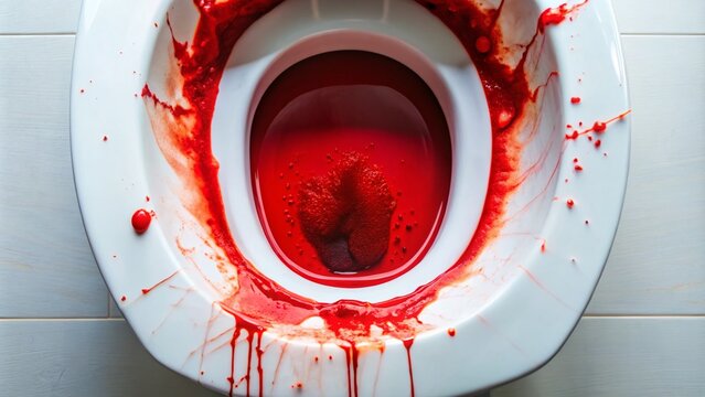 A close-up view of a toilet bowl showing bright red blood mixed with stool, indicating a possible gastrointestinal