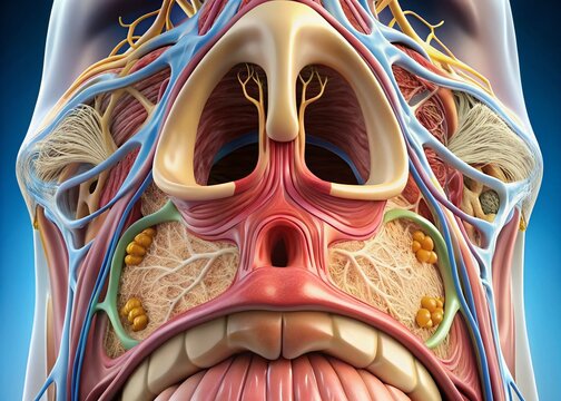 A close-up view of the nasal cavity, showcasing the intricate turbinate bones, mucous membranes, and hair-like cilia