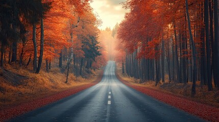 Obraz premium Road in autumn forest at sunset. Beautiful empty mountain roadway, trees with red and orange foliage