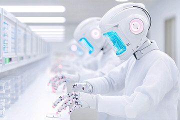 Fototapeta premium Three robots are working in a lab, with one of them wearing a blue helmet. The robots are all white and appear to be working on a project. Scene is serious and focused