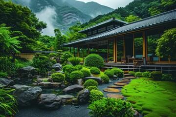 Fototapeta premium Beautiful calm scene in spring Japanese garden in Fukuoka Japan