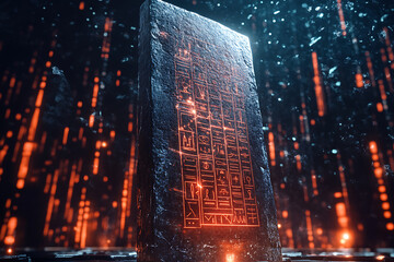 Abstract digital background of ancient stone tablets inscribed with commandments, blended with modern data connections in blue and black tones.