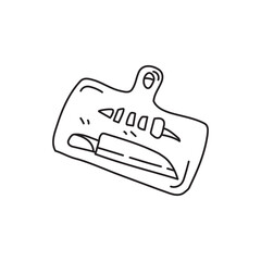 Black and white line art illustration of a kitchen knife resting on a cutting board