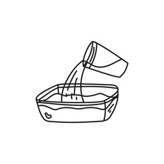 Hand-drawn illustration of water being poured from a cup into a bowl. Concept of hydration, refreshment, cooking, cleaning, and gardening.