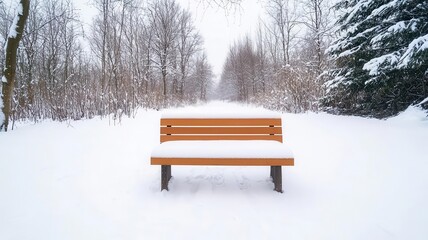 Snowy path winding through a forest, with a wooden bench covered in snow and snowladen branches arching overhead