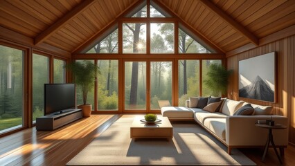 Fototapeta premium Modern wooden stylish interior in a house outside the city in the forest. 