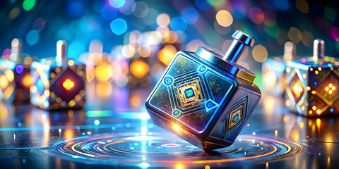 Futuristic Macro Shot of Dreidel with Holographic Hebrew Symbols | High-Tech Spin Concept for Photo Stock