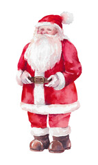 Hand drawn watercolor Santa Claus. Traditional Christmas character in red coat and hat 