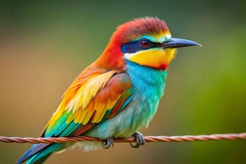 Fototapeta premium A colorful, vibrant bird with iridescent feathers and a distinctive crest, perched on a wire, looking straight ahead