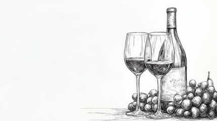 Aesthetic ink sketch of wine bottle and glasses with grapes. Copy space. Winery invitation. Generative AI