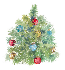 Small fir tree with Christmas tree toys hand drawn watercolor illustration isolated on white 