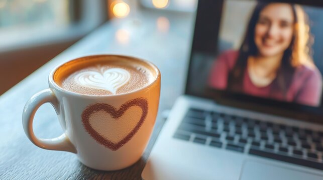 Connecting with Love: Heart Latte Art beside Laptop Showing Virtual Video Call with Loved One