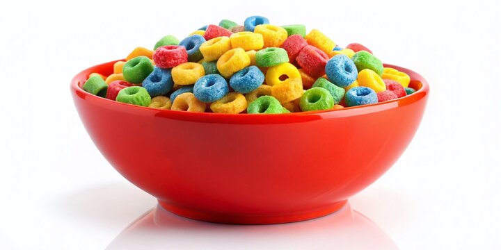 A colorful bowl of breakfast cereal with alphabet-shaped pieces in a bright primary color scheme, set against a